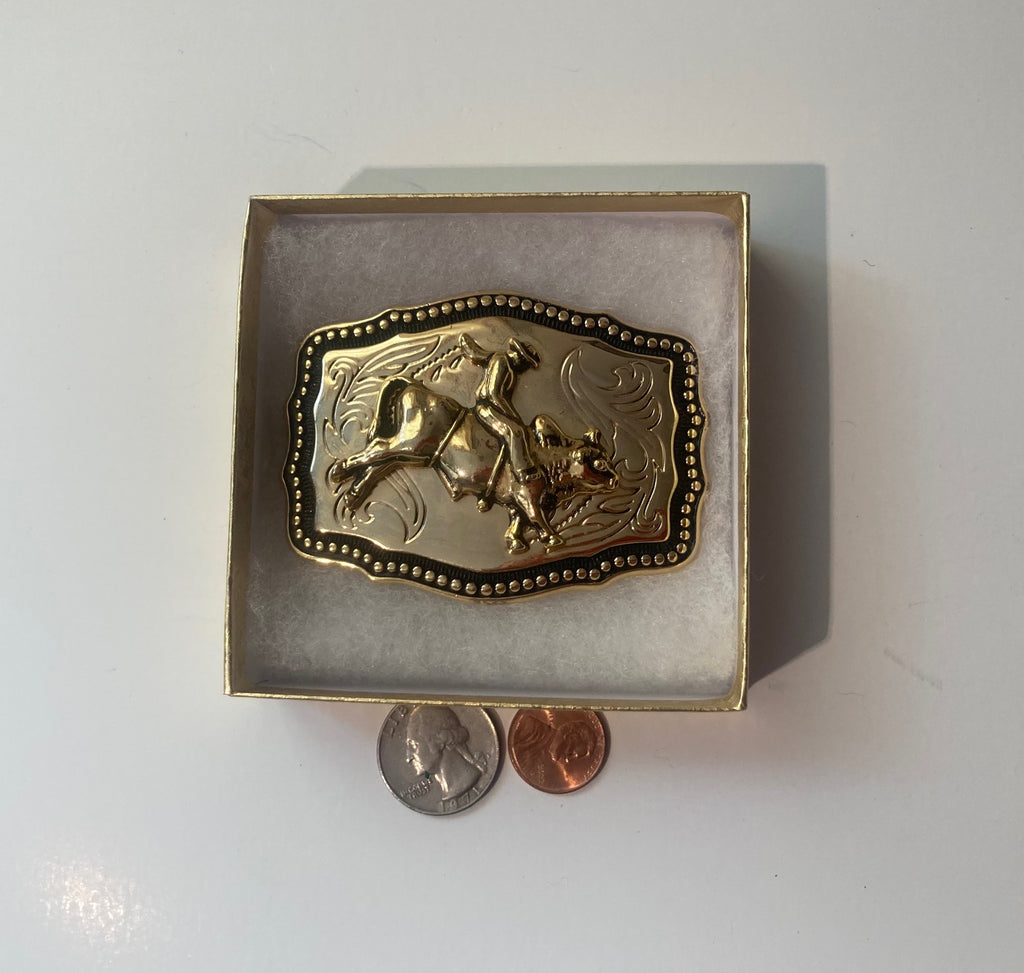 Vintage Metal Belt Buckle, Brass, Bull Riding, Rodeo, Cowboy, Nice Design, 3 1/4" x 2 1/4", Heavy Duty, Quality, Made in USA, Thick Metal, For Belts, Fashion, Shelf Display, Western Wear, Southwest, Country, Fun, Nice