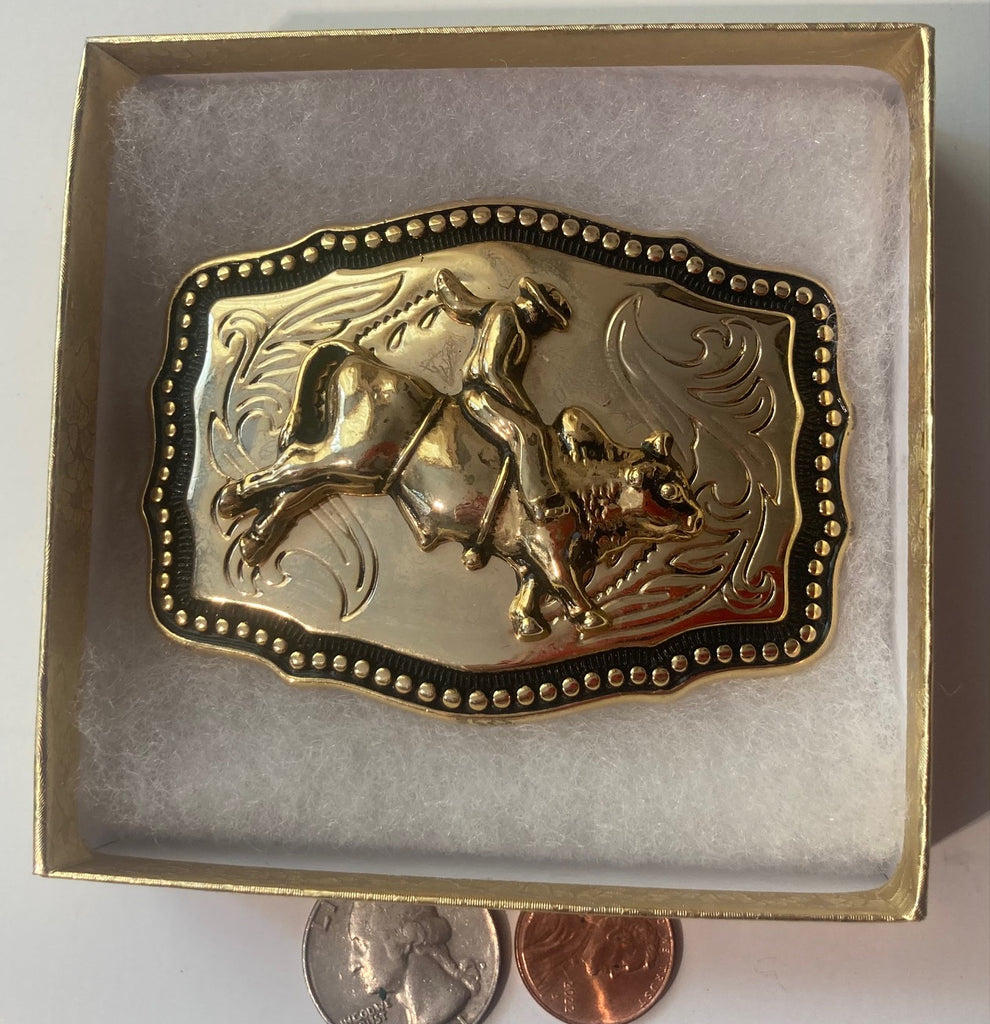 Vintage Metal Belt Buckle, Brass, Bull Riding, Rodeo, Cowboy, Nice Design, 3 1/4" x 2 1/4", Heavy Duty, Quality, Made in USA, Thick Metal, For Belts, Fashion, Shelf Display, Western Wear, Southwest, Country, Fun, Nice