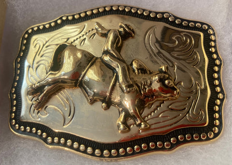 Vintage Metal Belt Buckle, Brass, Bull Riding, Rodeo, Cowboy, Nice Design, 3 1/4" x 2 1/4", Heavy Duty, Quality, Made in USA, Thick Metal, For Belts, Fashion, Shelf Display, Western Wear, Southwest, Country, Fun, Nice