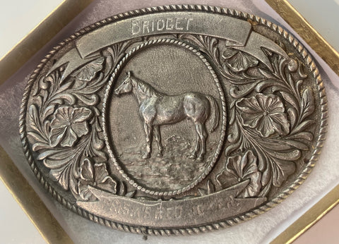 Vintage 1974 Metal Belt Buckle, Horse, Bridget, Prism's Red Joker, Horse Racking, 3 3/4" x 3 1/4", Heavy Duty, Quality, Made in USA, Thick Metal, For Belts, Fashion, Shelf Display, Western Wear, Southwest, Country, Fun, Nice