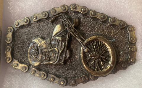 Vintage 1976 Metal Belt Buckle, Motorcycle, Chain, Bike, Chopper, Sportster, Nice Design, 3", x 2", Heavy Duty, Quality, Made in USA, Thick Metal, For Belts, Fashion, Shelf Display, Western Wear, Southwest, Country, Fun, Nice