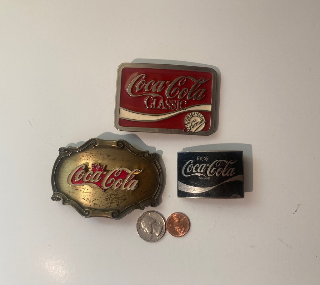 Vintage Lot of 3 Coca Cola Belt Buckles, Soda, Pop, Classic, Country & Western, Art, Resell, For Belts, Fashion, Shelf Display, Nice Belt Buckles, Wholesale