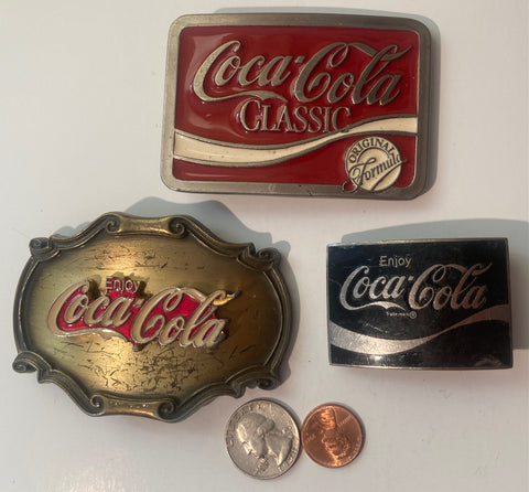 Vintage Lot of 3 Coca Cola Belt Buckles, Soda, Pop, Classic, Country & Western, Art, Resell, For Belts, Fashion, Shelf Display, Nice Belt Buckles, Wholesale