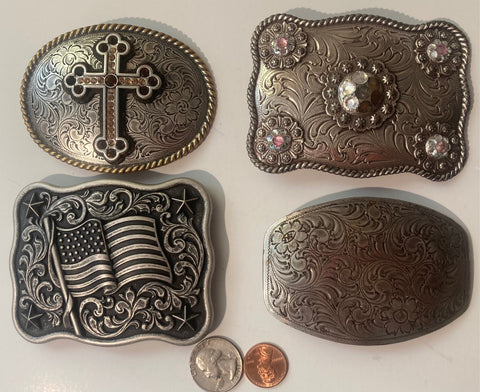 Vintage Lot of 4 Nocona Belt Buckles, Cross, Sparkles, Flag, Country & Western, Art, Resell, For Belts, Fashion, Shelf Display, Nice Belt Buckles, Wholesale