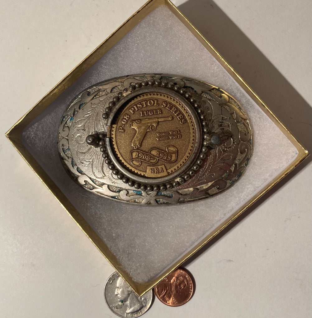 Vintage Metal Belt Buckle, P-08 Pistol Series Luger, NRA, Nice Western Design, 3 1/2" x 2 1/4", Quality, Made in USA, Country and Western, Heavy Duty, Fashion, Belts, Shelf Display, Collectible Belt Buckle