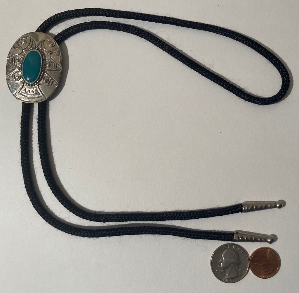 Vintage Metal Bolo Tie, Silver with Nice Green Design, Quality, Heavy Duty, Made in Thailand, Country & Western, Cowboy, Western Wear, Horse, Apparel, Accessory, Tie, Nice Quality Fashion