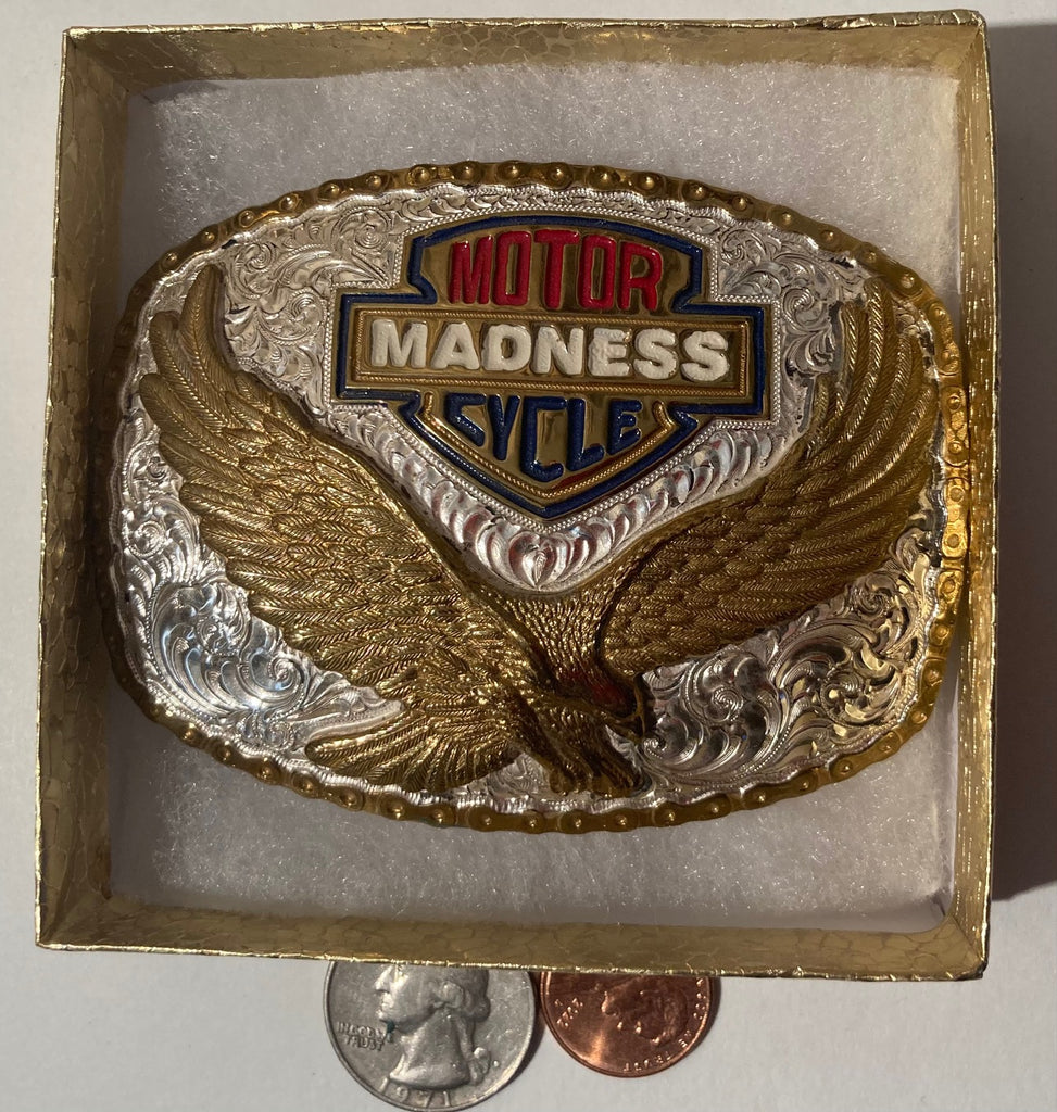 Vintage Metal Belt Buckle, Silver and Brass, Crumrine, Motorcycle Madness, Orange and Black, Eagle, Biker, Cruiser, Road Bike, Nice Western Design, Cowboy, 3 1/2" x 2 3/4". Heavy Duty, Quality, Thick Metal,