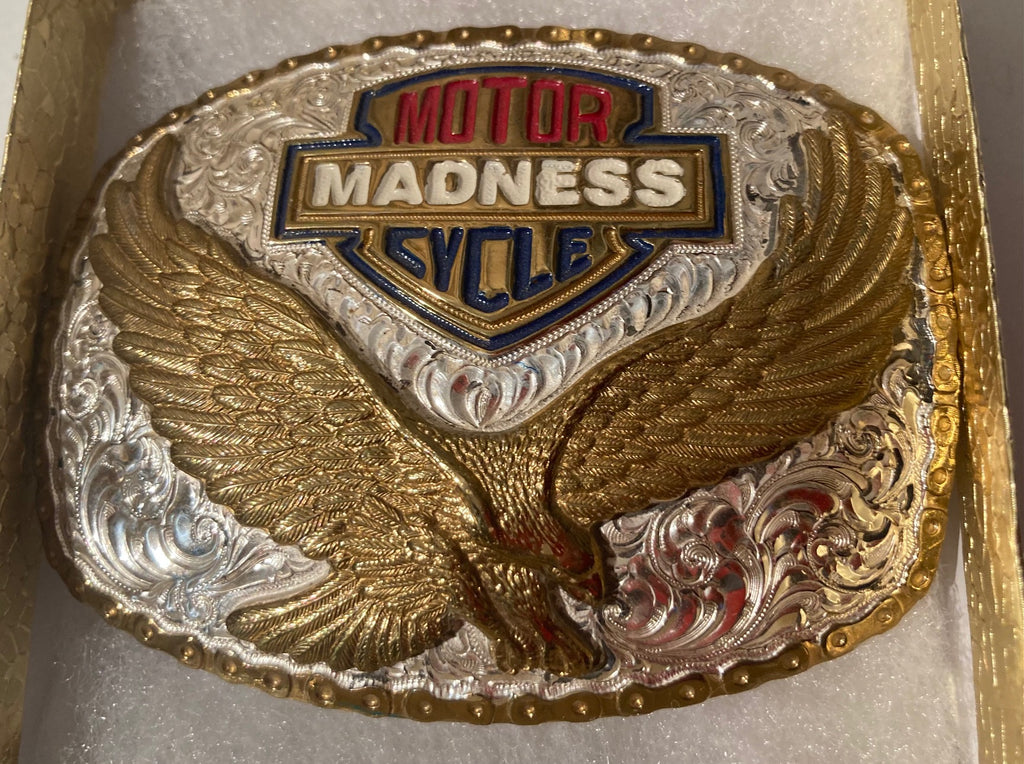 Vintage Metal Belt Buckle, Silver and Brass, Crumrine, Motorcycle Madness, Orange and Black, Eagle, Biker, Cruiser, Road Bike, Nice Western Design, Cowboy, 3 1/2" x 2 3/4". Heavy Duty, Quality, Thick Metal,