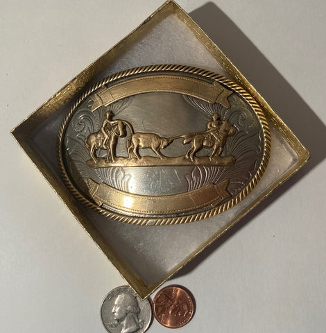 Vintage Metal Belt Buckle, German Silver and Brass, Cow Wrestling,