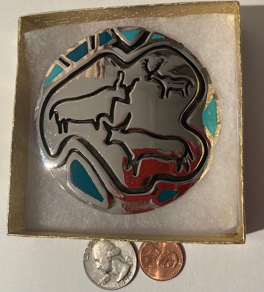 Vintage Metal Belt Buckle, Nice Native Design, Animals, Nature, Wildlife, Nice Western Design, Cowboy, 3", Heavy Duty, Made in USA, Quality, Thick Metal, For Belts, Fashion, Shelf Display, Western Wear, Southwest, Country, Fun, Nice