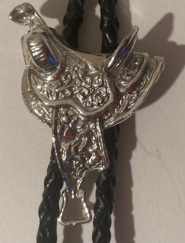 Vintage Metal Bolo Tie, Nice Silver Horse Saddle Design, Western Design, 2" x 1 1/2", Nice Design, Heavy Duty, Made in USA, Country & Western, Cowboy, Western Wear, Horse, Apparel, Accessory, Tie, Nice Quality Fashion