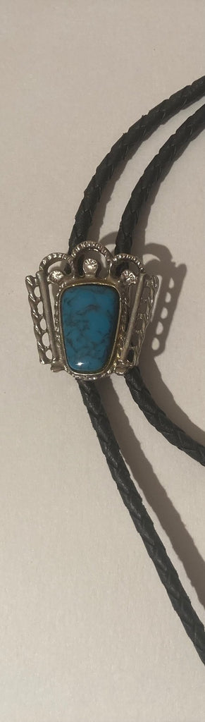 Vintage Metal Bolo Tie, Silver and Blue Turquoise Stone, Western Design, 1 1/4" x 1 1/4", Nice Design, Heavy Duty, Made in USA, Country & Western, Cowboy, Western Wear, Horse, Apparel, Accessory, Tie, Nice Quality Fashion,