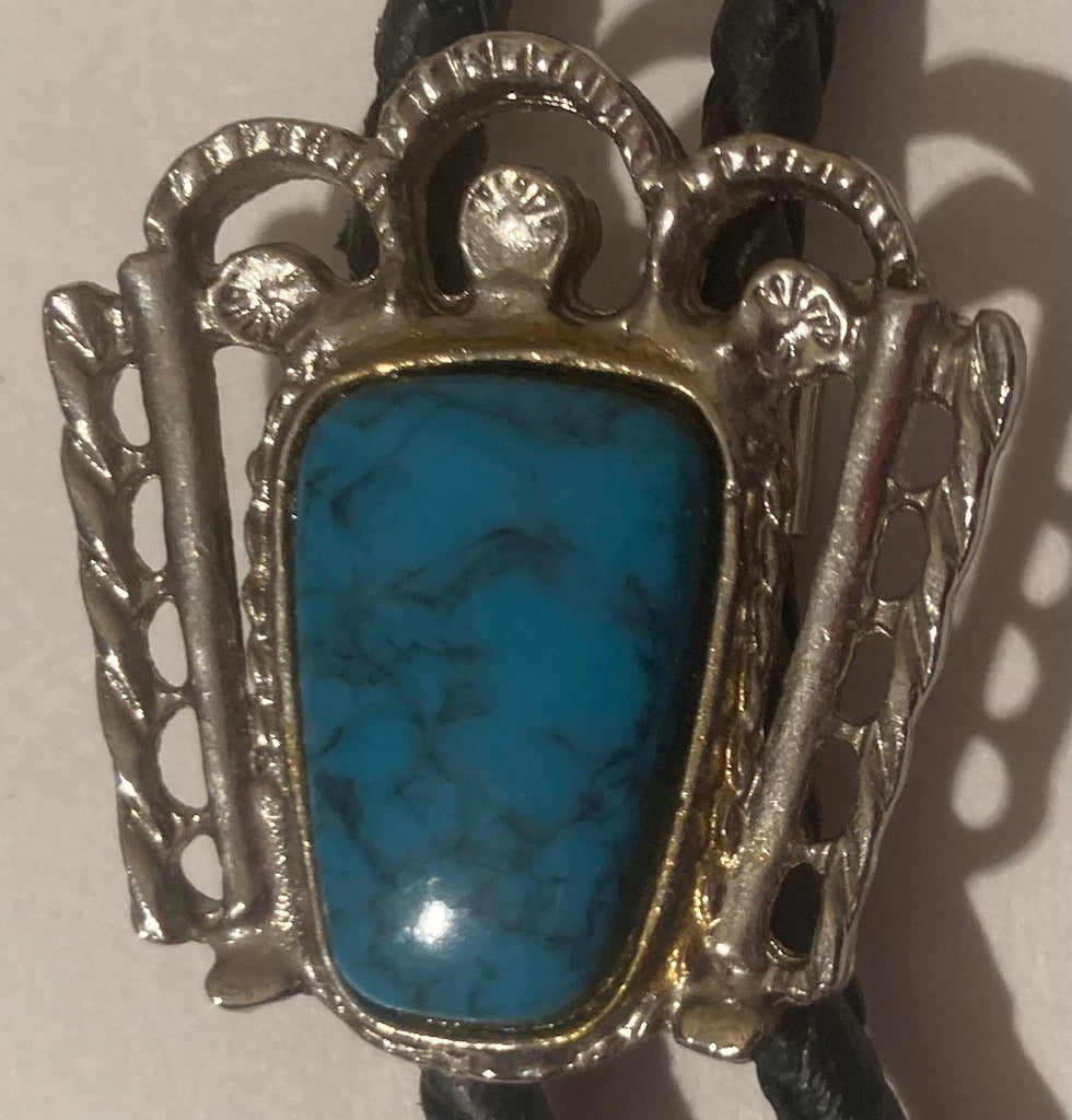 Vintage Metal Bolo Tie, Silver and Blue Turquoise Stone, Western Design, 1 1/4" x 1 1/4", Nice Design, Heavy Duty, Made in USA, Country & Western, Cowboy, Western Wear, Horse, Apparel, Accessory, Tie, Nice Quality Fashion,