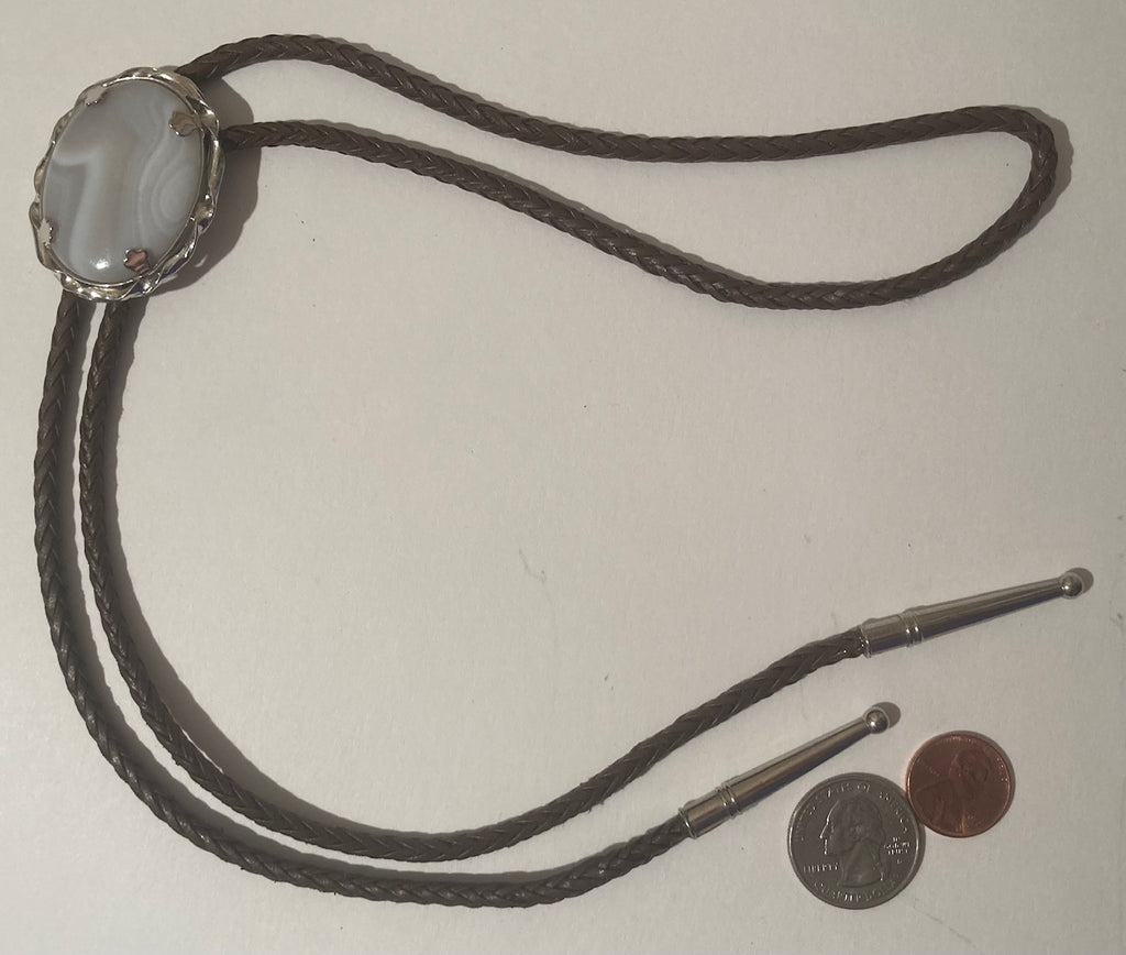 Vintage Metal Bolo Tie, Nice Silver with Nice Gray and White Striped Stone Design, Nice Design, Quality, Heavy Duty, Made in USA, Country & Western, Cowboy, Western Wear, Horse, Apparel, Accessory, Tie, Nice Quality Fashion