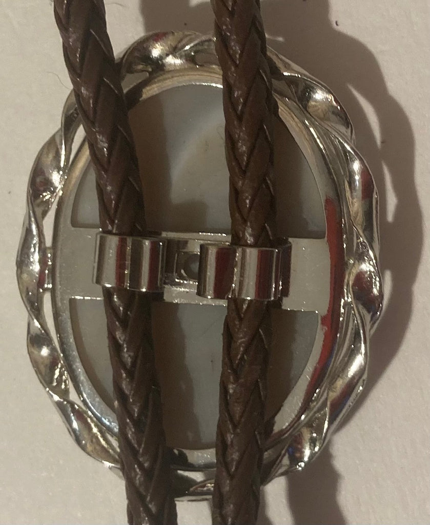 Vintage Metal Bolo Tie, Nice Silver with Nice Gray and White Striped Stone Design, Nice Design, Quality, Heavy Duty, Made in USA, Country & Western, Cowboy, Western Wear, Horse, Apparel, Accessory, Tie, Nice Quality Fashion
