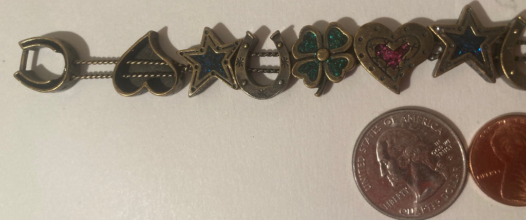 Vintage Metal Western Bracelet, Horseshoe, Sparkly Colors, Heart, 4 Leaf Clover,  Nice Design, 8", Heavy Duty, Made in USA, Country & Western, Cowboy, Western Wear, Horse, Apparel, Accessory, Tie, Nice Quality Fashion
