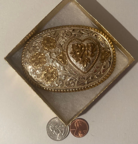 Vintage Metal Belt Buckle, Silver and Brass, Heart, Crumrine, Nice Western Design, Cowboy, 3 3/4" x 2 3/4", Heavy Duty, Made in USA, Quality, Thick Metal, For Belts, Fashion, Shelf Display, Western Wear, Southwest, Country, Fun, Nice