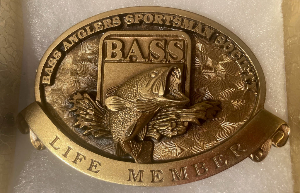 Vintage Metal Belt Buckle, Brass, Bass Anglers Sportsman Society, B.A.S.S. Life Member, Fish, Fishing, Bass, Nice Western Design, Cowboy, 3 1/2" x 2 1/4", Heavy Duty, Made in USA, Quality, Thick Metal, For Belts, Fashion, Shelf Display,
