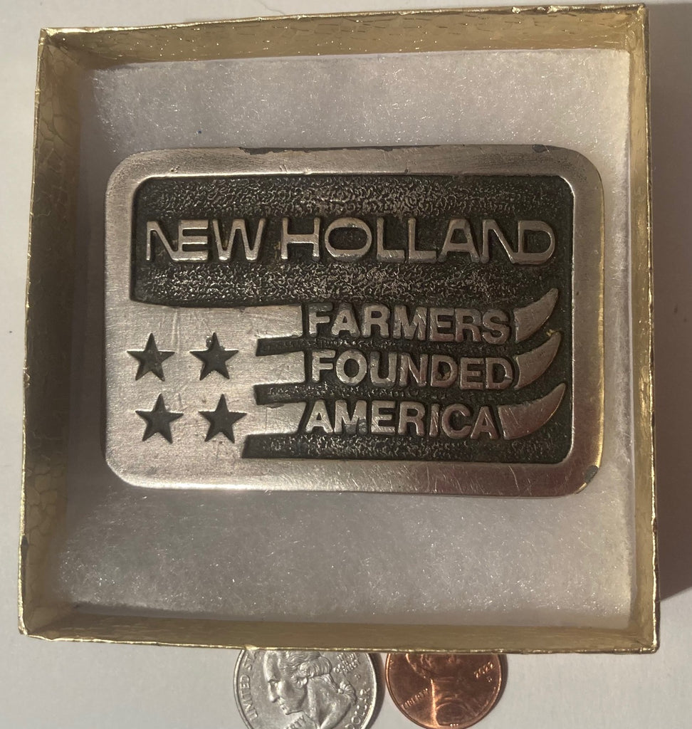 Vintage Metal Belt Buckle, New Holland, Farmers Founded America, Tractor, Farming, Nice Western Design, Cowboy, 3" x 2", Heavy Duty, Made in USA, Quality, Thick Metal, For Belts, Fashion, Shelf Display, Western Wear, Southwest, Country, Fun, Nice,