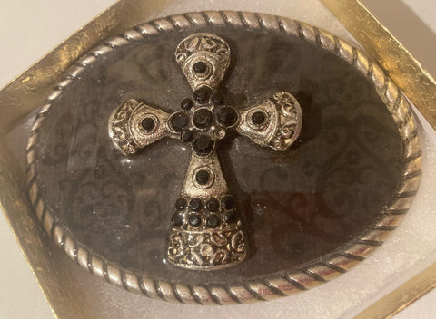 Vintage Metal Belt Buckle, Cross, Crucifix, Gothic, Enamel, Western Design, Cowboy, 3 3/4" x 2 3/4", Heavy Duty, Made in USA, Quality, Thick Metal, For Belts, Fashion, Shelf Display, Western Wear, Southwest, Country, Fun, Nice.