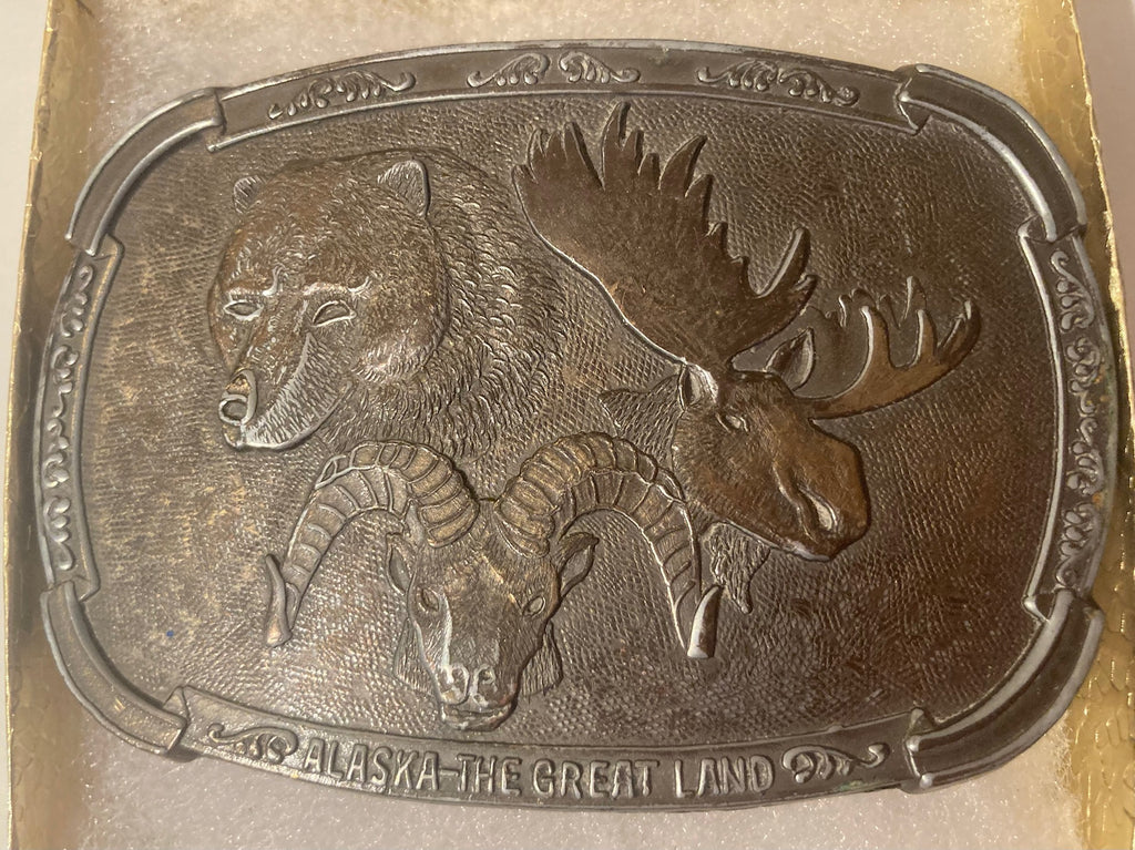 Vintage Metal Belt Buckle, Alaska, The Great Land, Moose, Bear, Ram,