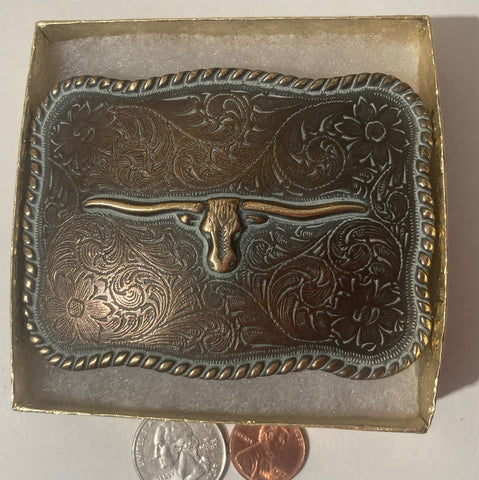 Vintage Metal Belt Buckle, Brass, Longhorn, Bull, Cattle, Cow, Western Design, Cowboy, 3 1/2" x 2 1/2", Heavy Duty, Made in USA, Quality, Thick Metal, For Belts, Fashion, Shelf Display, Western Wear, Southwest, Country, Fun, Nice.