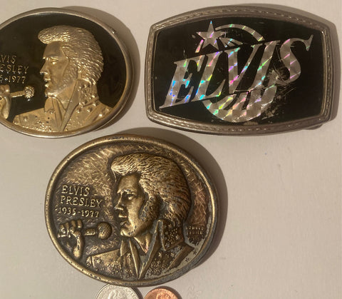 Lot of 3 Vintage Metal Belt Buckles, Elvis Presley, Heavy Duty, Made in USA, Quality, Thick Metal, For Belts, Fashion, Shelf Display, Western Wear, Southwest, Country, Fun, Nice