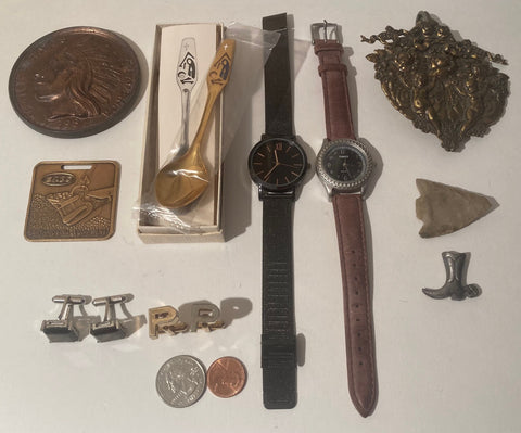 Vintage Grandpa's Junk Draw, Watches, Cufflinks, Arrowhead, Spoons, Interesting, Different, Country & Western, Art, Resell, For Belts, Fashion, Shelf Display, Wholesale