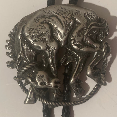Vintage Metal Bolo Tie, Silver Horse, Bronco, Rodeo, Nice Design, Stamped Leo on the Back, 2 1/4" x 2", Nice Design, Quality, Heavy Duty, Made in USA, Country & Western, Cowboy, Western Wear, Horse, Apparel, Accessory, Tie, Nice Quality Fashion