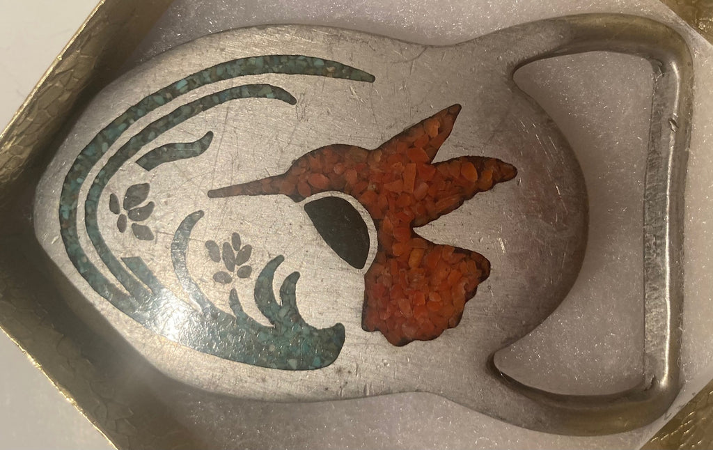 Vintage Metal Belt Buckle, Pewter, Red and Blue Turquoise Inlaid, Hummingbird, Nature, Bird, Nice Western Design,  3" x 2", Quality, Made in USA, Country and Western, Heavy Duty, Fashion, Belts, Shelf Display, Collectible Belt Buckle