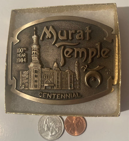 Vintage Metal Belt Buckle, Brass, Murat Temple, Shriners, Masons, Masonic,Centennial, Nice Western Design,  3 1/2" x 2 3/4", Quality, Made in USA, Country and Western, Heavy Duty, Fashion, Belts, Shelf Display, Collectible Belt Buckle