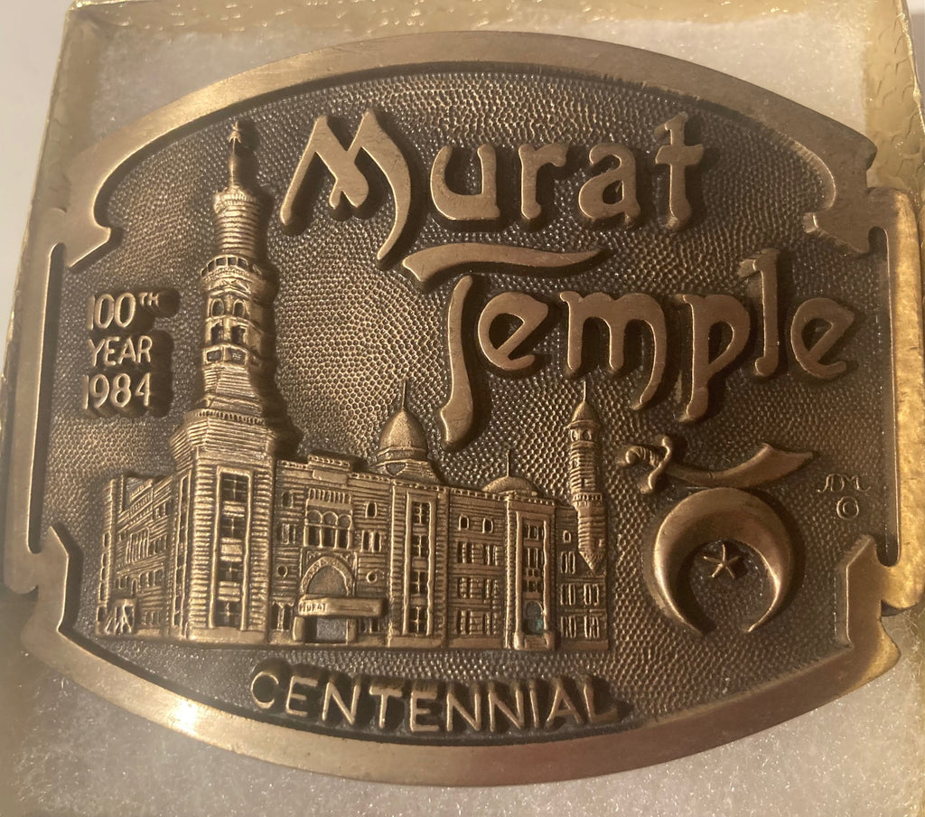Vintage Metal Belt Buckle, Brass, Murat Temple, Shriners, Masons, Masonic,Centennial, Nice Western Design,  3 1/2" x 2 3/4", Quality, Made in USA, Country and Western, Heavy Duty, Fashion, Belts, Shelf Display, Collectible Belt Buckle