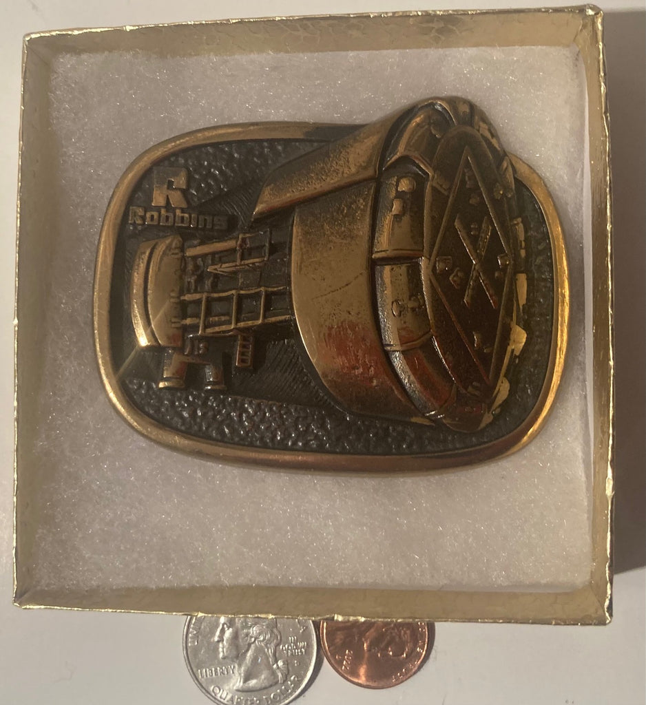 Vintage Metal Belt Buckle, Brass, Hydropower Plant, Water Energy,  Electricity, Robbins, Nice Western Design,  3" x 2 1/2", Quality, Made in USA, Country and Western, Heavy Duty, Fashion, Belts, Shelf Display, Collectible Belt Buckle,