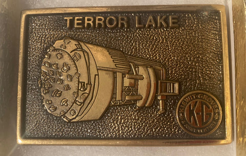 Vintage Metal Belt Buckle, Brass, Hydropower Plant, Water Energy,  Electricity, Terror Lake, Nice Western Design,  3 1/4" x 2 1/4", Quality, Made in USA, Country and Western, Heavy Duty, Fashion, Belts, Shelf Display, Collectible Belt Buckle