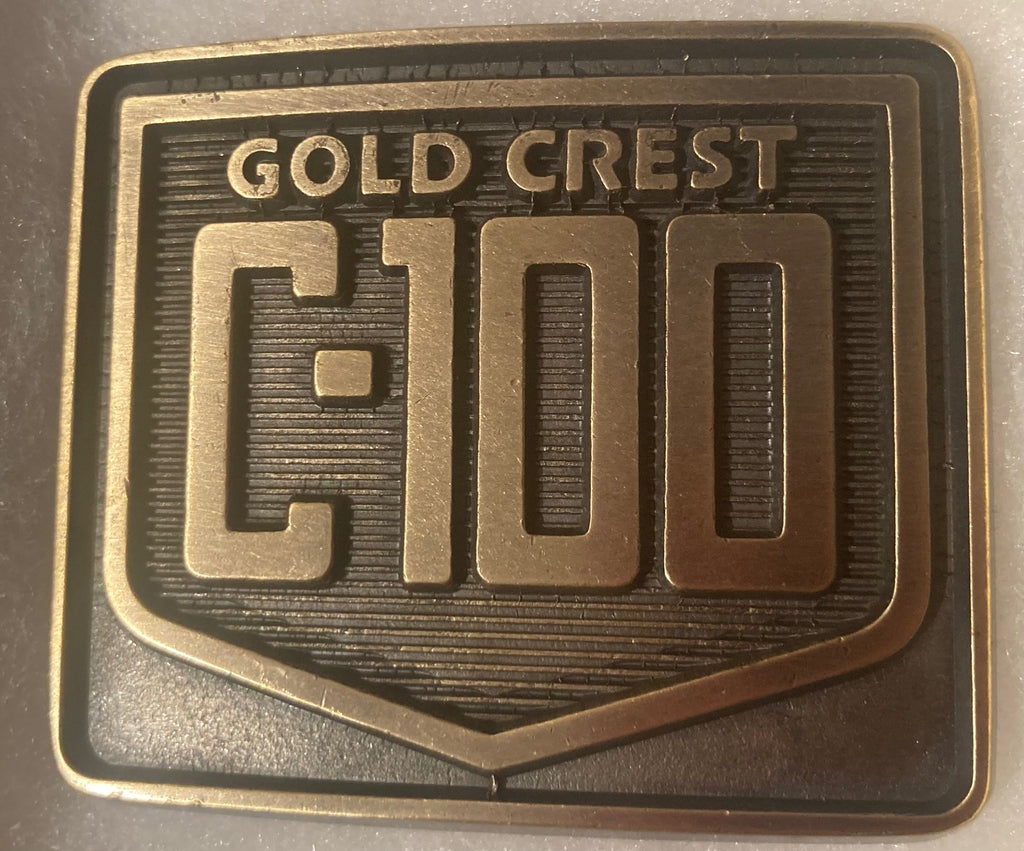Vintage Metal Belt Buckle, Brass, Gold Crest C-100, Pesticide, Insecticide, Emulsifiable Concentrate ,Nice Western Design,  2 3/4" x 2 1/4", Quality, Made in USA, Country and Western, Heavy Duty, Fashion, Belts, Shelf Display, Collectible Belt Buckle