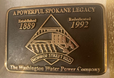 Vintage 1992 Metal Belt Buckle, Brass, Hydropower Plant, Energy, The Washington Water Power Company, Nice Western Design,  3" x 2", Quality, Made in USA, Country and Western, Heavy Duty, Fashion, Belts, Shelf Display, Collectible Belt Buckle