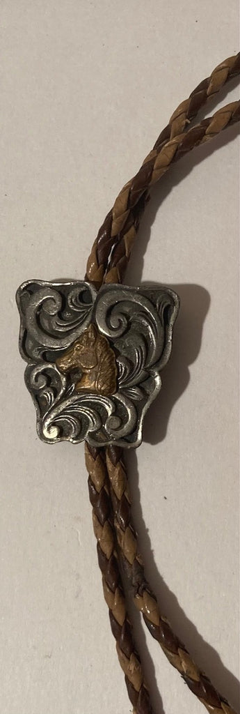 Vintage Metal Bolo Tie, Brass, Horse, Nice Leather Rope, Nice Design, 1 1/4" x 1 1/4", Nice Design, Quality, Heavy Duty, Made in USA, Country & Western, Cowboy, Western Wear, Horse, Apparel, Accessory, Tie, Nice Quality Fashion,