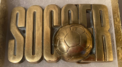 Vintage Metal Belt Buckle, Brass, Soccer, Sports, Nice Western Design, 3 1/4" x 2", Heavy Duty, Quality, Thick Metal, For Belts, Fashion, Shelf Display, Western Wear, Southwest, Country, Fun, Nice