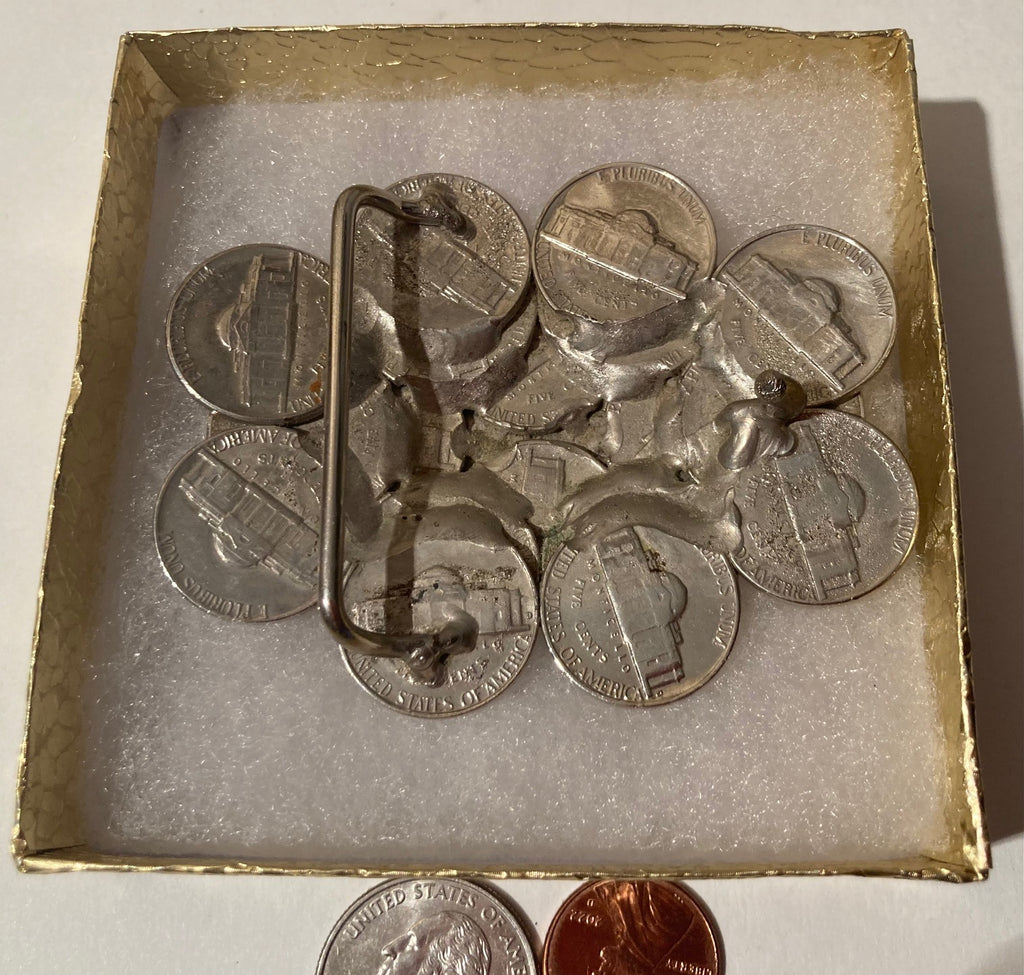 Vintage Metal Belt Buckle, Coins, Nickels, Welded, Nice Western Design, 3" x 2 1/2", Heavy Duty, Quality, Made in USA, Thick Metal, For Belts, Fashion, Shelf Display, Western Wear, Southwest, Country, Fun, Nice