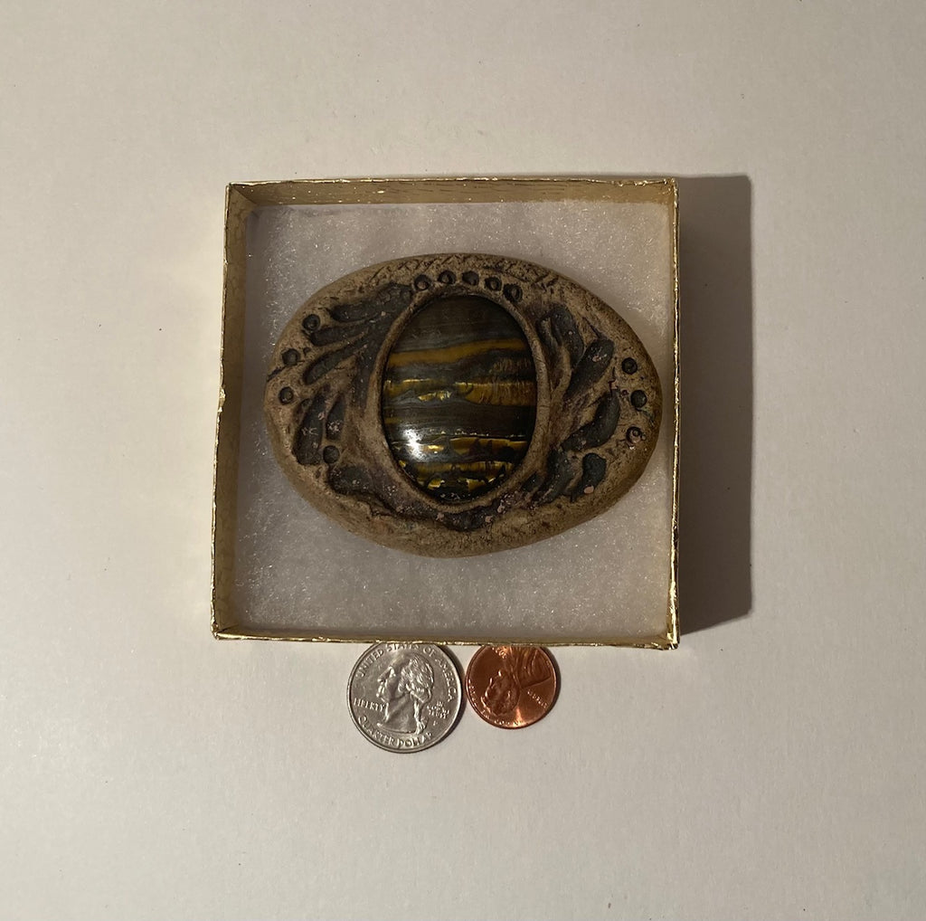 Vintage Metal Belt Buckle, Stone, Nice Brown Striped Stone Design, Nice Western Design, 3" x 2 1/2", Heavy Duty, Quality, Made in USA, Thick Metal, For Belts, Fashion, Shelf Display, Western Wear, Southwest, Country, Fun, Nice