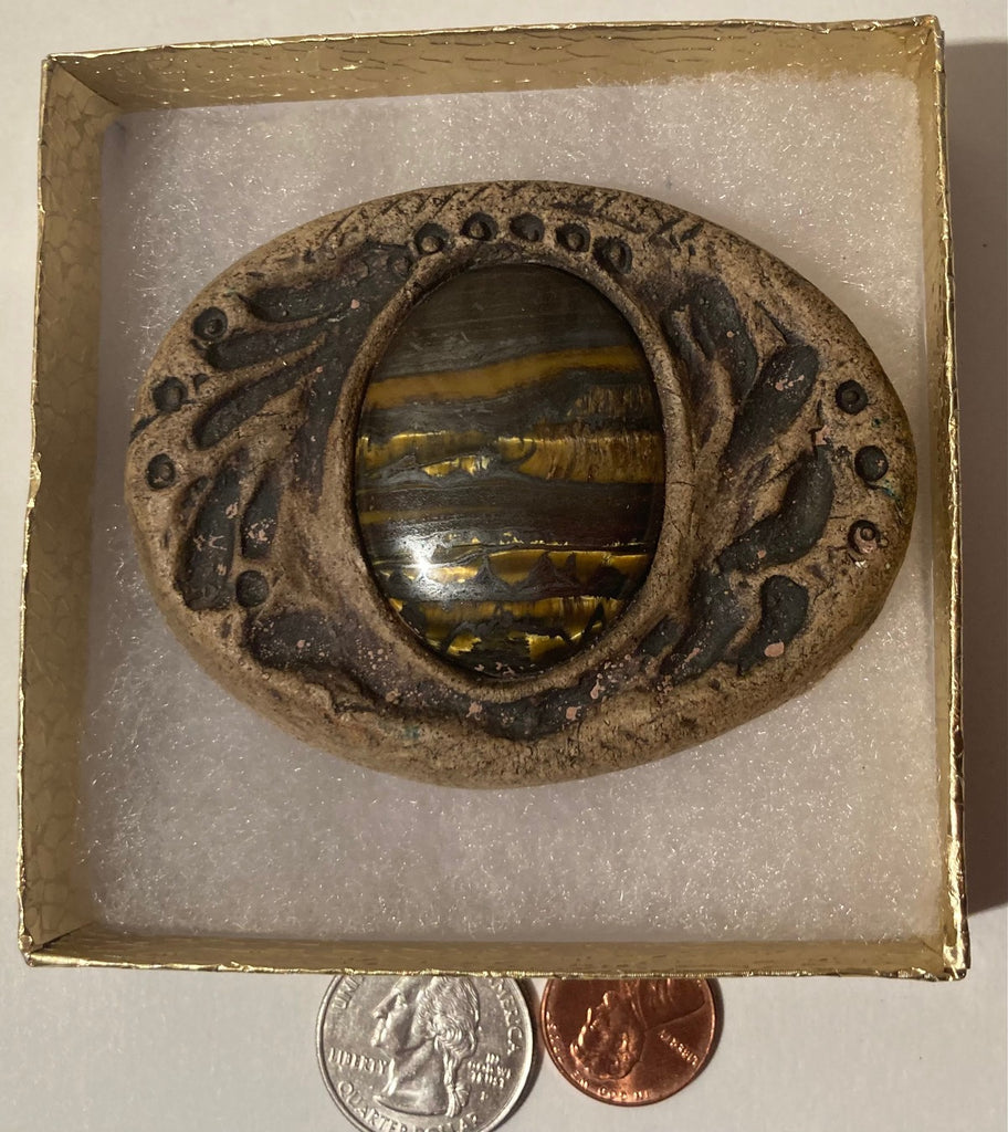 Vintage Metal Belt Buckle, Stone, Nice Brown Striped Stone Design, Nice Western Design, 3" x 2 1/2", Heavy Duty, Quality, Made in USA, Thick Metal, For Belts, Fashion, Shelf Display, Western Wear, Southwest, Country, Fun, Nice