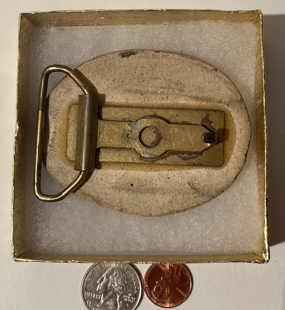 Vintage Metal Belt Buckle, Stone, Nice Brown Striped Stone Design, Nice Western Design, 3" x 2 1/2", Heavy Duty, Quality, Made in USA, Thick Metal, For Belts, Fashion, Shelf Display, Western Wear, Southwest, Country, Fun, Nice