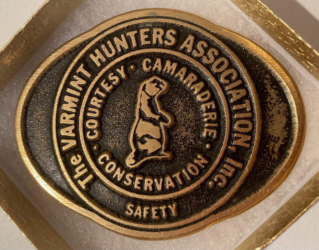 Vintage Metal Belt Buckle, Brass, The Varmint Hunters Association, Inc., Nice Western Design, 3 1/2" x 2 3/4", Heavy Duty, Quality, Made in USA, Thick Metal, For Belts, Fashion, Shelf Display, Western Wear, Southwest, Country, Fun, Nice