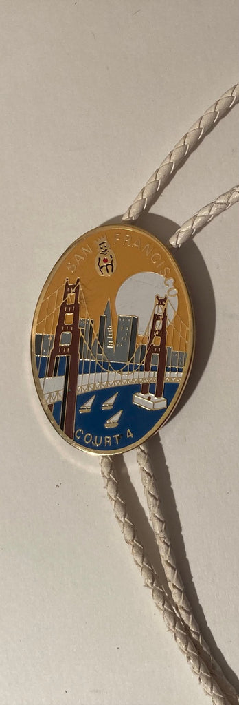Vintage 1991 Metal Bolo Tie, Brass, San Francisco, ,Golden Gate Bridge, Will Olson, Director, Nice Design, Heavy, Nice Leather Rope, 2 1/2" x 1 3/4", Nice Design, Quality, Heavy Duty, Made in USA, Country & Western, Cowboy,