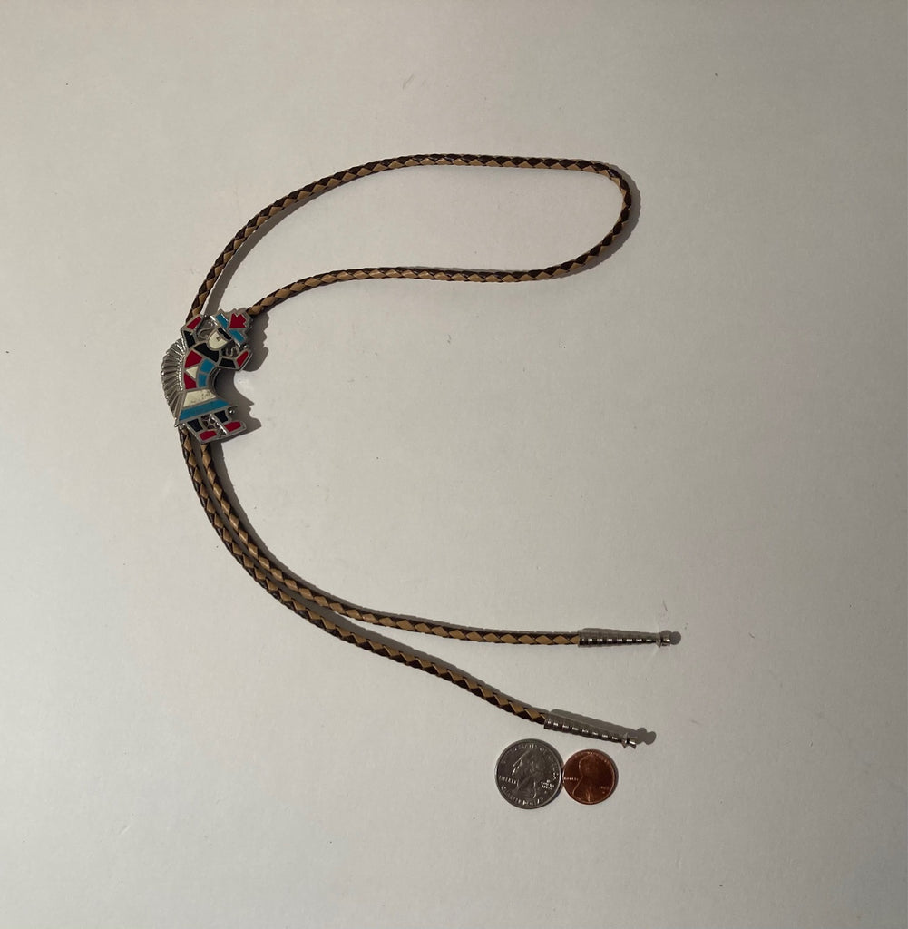 Vintage Metal Bolo Tie, Sterling Silver, Nice Native Design, Heavy, Nice Leather Rope, Nice Design, 2" x 1 1/4, Nice Design, Quality, Heavy Duty, Made in USA, Country & Western, Cowboy, Western Wear, Horse, Apparel, Accessory, Tie, Nice Quality Fashion,