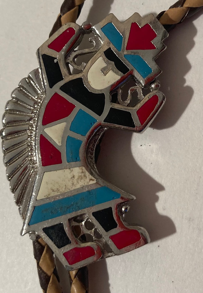Vintage Metal Bolo Tie, Sterling Silver, Nice Native Design, Heavy, Nice Leather Rope, Nice Design, 2" x 1 1/4, Nice Design, Quality, Heavy Duty, Made in USA, Country & Western, Cowboy, Western Wear, Horse, Apparel, Accessory, Tie, Nice Quality Fashion,