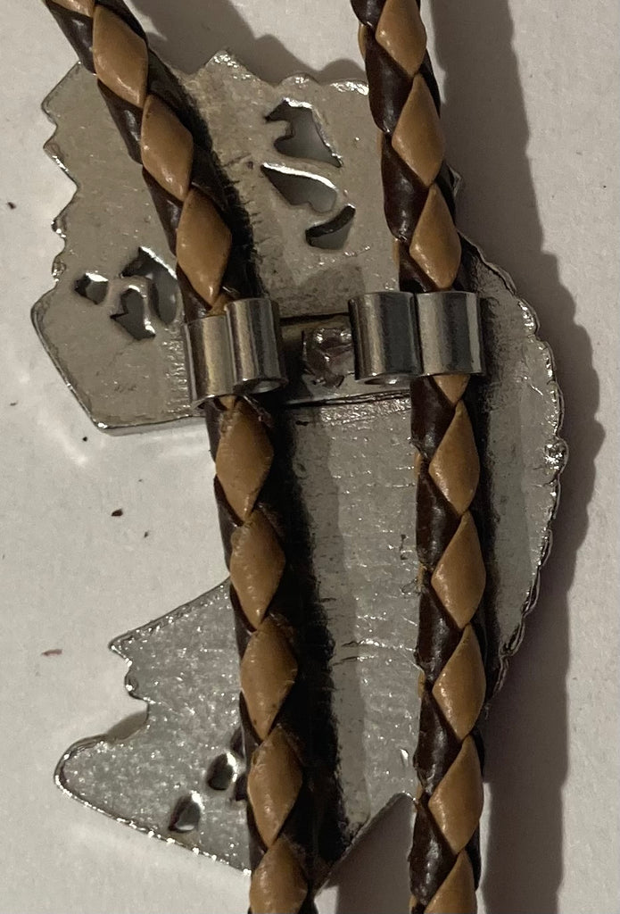 Vintage Metal Bolo Tie, Sterling Silver, Nice Native Design, Heavy, Nice Leather Rope, Nice Design, 2" x 1 1/4, Nice Design, Quality, Heavy Duty, Made in USA, Country & Western, Cowboy, Western Wear, Horse, Apparel, Accessory, Tie, Nice Quality Fashion,