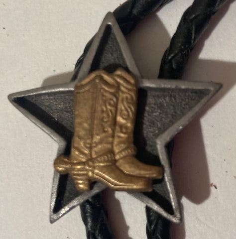 Vintage Metal Bolo Tie, Cowboy Boot, Star, Nice Western Design, 1 1/2" x 1 1/2", Quality, Heavy Duty, Made in USA, Country & Western, Cowboy, Western Wear, Horse, Apparel, Accessory, Tie, Nice Quality Fashion