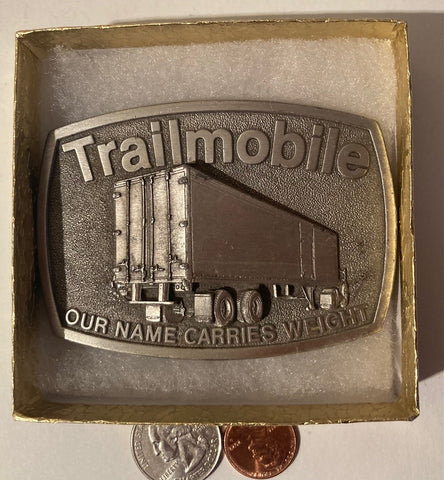 Vintage Metal Belt Buckle, Trailmobile, Our Name Carries Weight, Trucking, Trailer, Reefer, 18 Wheeler, Nice Western Style Design, 3 1/2" x 2 1/2", Heavy Duty, Quality, Thick Metal, Made in USA,