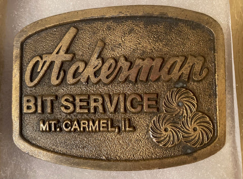 Vintage Metal Belt Buckle, Ackerman Bit Service, Mr. Carmel, Illinois, Nice Western Style Design, 3" x 2 1/2", Heavy Duty, Quality, Thick Metal, Made in USA, For Belts, Fashion, Shelf Display, Western Wear, Southwest, Country, Fun, Nice,